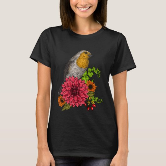 Robin over bloemen t-shirt (Voorkant)
