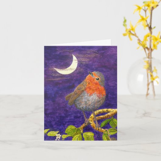 Robin overdenkt de Moon Christmas Kaart (Gele Bloem)