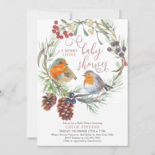 Robin Pine Cone Wreath Merry Little Baby shower Kaart (Voorkant)