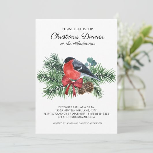 Robin Red Bird Winter Pine Trees kerstdiner Kaart (Staand voorkant)