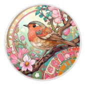 Robin Red Breast Bird Roze Bloemen van de Bloemlen Keramische Knop (Voorkant)