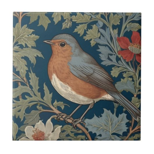 Robin Red Breast Bird William Morris stijl Links Tegeltje (Voorkant)