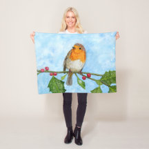Robin Red Breast Waterverf Fleece Blanket