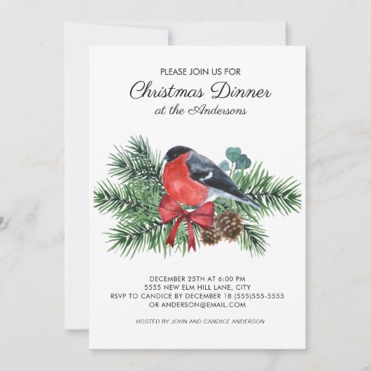 Robin Rood Vogels Winter Dennenbomen Kerst Dinner Kaart (Voorkant)