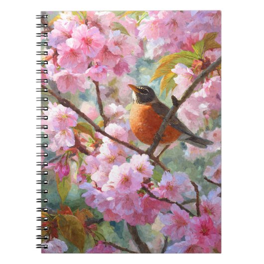 Robin Singing Cherry Blossom Spring Art Notitieboek (Voorkant)