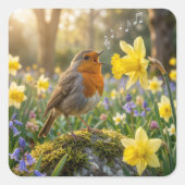 Robin Singing Into a Daffodil Vierkante Sticker (Voorkant)