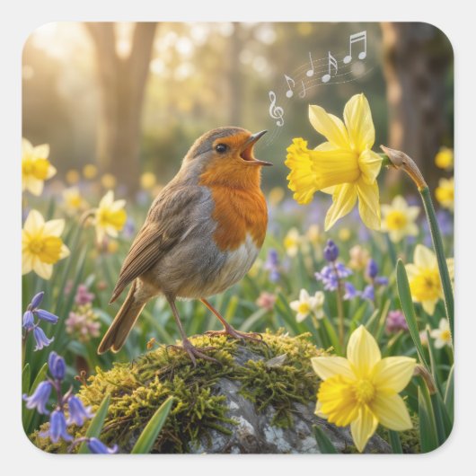 Robin Singing Into a Daffodil Vierkante Sticker (Voorkant)