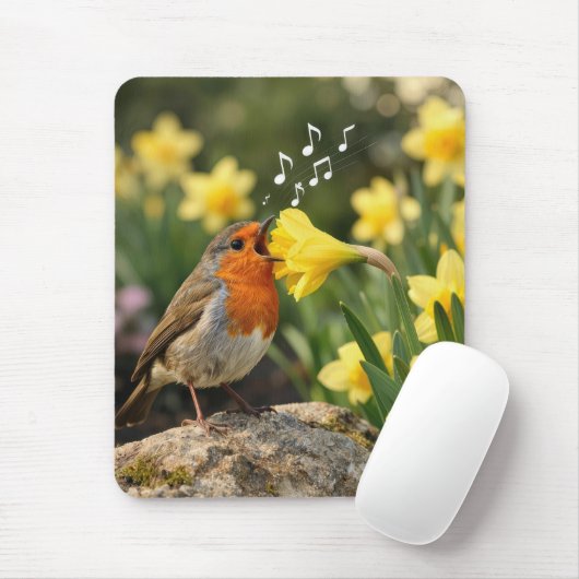 Robin Singing into a Spring Daffodil Muismat (Met muis)