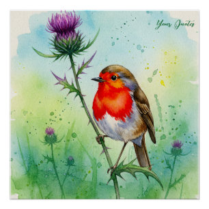 Robin Vogel en Distelbloem Botanische Aquarel Perfect Poster