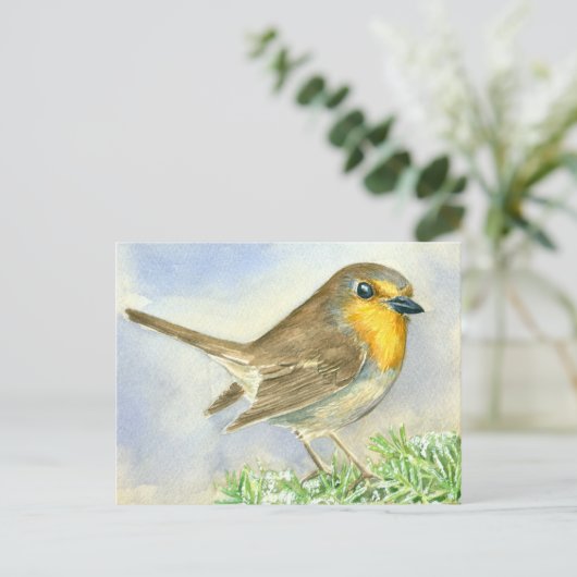 Robin vogel op een bevroren jeneverbes briefkaart (Staand voorkant)