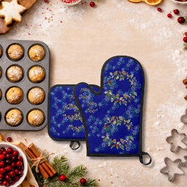 Robin, wreaths, and snowflakes blue ovenwant & pannenlap set