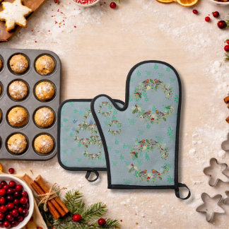 Robin, wreaths, and snowflakes gray ovenwant & pannenlap set