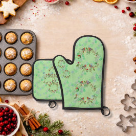 Robin, wreaths, and snowflakes green ovenwant & pannenlap set