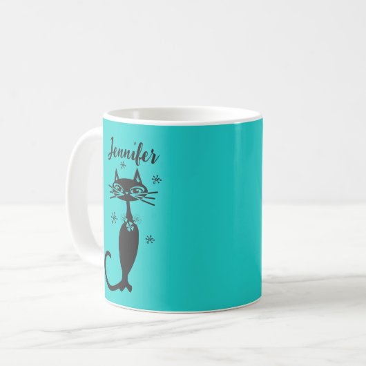 Robins Egg Blue Atomic Retro Cat Mok (Voorkant links)