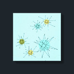Robin's Egg Blue Atomic Starbursts Canvas Print<br><div class="desc">Dit Robin's Egg Blue Iconic Atomic Starbursts Stretched Canvas Print patroon kenmerkt iconische atomaire starbursts. Dat klopt! De oude school, robin's eitblauwe achtergrond met gouden spugen, is de perfecte achtergrond voor de levendige turquoise, het kalkselderij en kitschy peren groene cirkels. De vlekken van kleur worden sporadisch geplaatst in diverse grootte...</div>