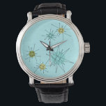Robin's Egg Blue Atomic Starbursts eWatch Horloge<br><div class="desc">Dit Robin’s Egg Blue Iconic Atomic Starbursts eWatch patroon heeft iconische atoomstarbursts. Dat klopt! De oude school, Robin's ei blauw gekleurde achtergrond met gouden spikkels is de perfecte achtergrond voor de levendige turquoise, rustgevende selderij en kitschy peer groen gekleurde cirkels. De vlekken van kleur worden sporadisch geplaatst in verschillende maten...</div>