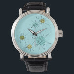 Robin's Egg Blue Atomic Starbursts eWatch Horloge<br><div class="desc">Dit Robin’s Egg Blue Iconic Atomic Starbursts eWatch patroon heeft iconische atoomstarbursts. Dat klopt! De oude school, Robin's ei blauw gekleurde achtergrond met gouden spikkels is de perfecte achtergrond voor de levendige turquoise, rustgevende selderij en kitschy peer groen gekleurde cirkels. De vlekken van kleur worden sporadisch geplaatst in verschillende maten...</div>