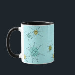 Robin's Egg Blue Atomic Starbursts Mok<br><div class="desc">Dit Robin's Egg Blue Iconic Atomic Starbursts patroon van de Mok kenmerkt iconische atomaire starbursts. Dat klopt! De oude school, robin's eitblauwe achtergrond met gouden spugen, is de perfecte achtergrond voor de levendige turquoise, het kalkselderij en kitschy peren groene cirkels. De vlekken van kleur worden sporadisch geplaatst in diverse grootte...</div>
