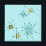 Robin's Egg Blue Atomic Starbursts Square Magnet<br><div class="desc">Dit Robin’s Egg Blue Iconic Atomic Starbursts Square Magnet patroon heeft iconische atoomstarbursts. Dat klopt! De oude school, Robin's ei blauw gekleurde achtergrond met gouden spikkels is de perfecte achtergrond voor de levendige turquoise, rustgevende selderij en kitschy peer groen gekleurde cirkels. De vlekken van kleur worden sporadisch geplaatst in verschillende...</div>