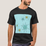Robin's Egg Blue Atomic Starbursts T-Shirt<br><div class="desc">Het T-Shirt patroon van deze Robin's oegblauw Iconisch atoomStarbursts kenmerkt iconische atomaire starbursts. Dat klopt! De oude school, robin's eitblauwe achtergrond met gouden spugen, is de perfecte achtergrond voor de levendige turquoise, het kalkselderij en kitschy peren groene cirkels. De vlekken van kleur worden sporadisch geplaatst in diverse grootte met het...</div>