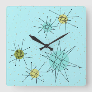 Robin's Egg Blue Atomic Starbursts Wall Clock Vierkante Klok