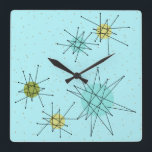 Robin's Egg Blue Atomic Starbursts Wall klok<br><div class="desc">Dit Robin's Egg Blue Iconic Atomic Starbursts Square Acrylic Wall Clock patroon kenmerkt iconische atomaire starbursts. Dat klopt! De oude school, robin's eitblauwe achtergrond met gouden spugen, is de perfecte achtergrond voor de levendige turquoise, het kalkselderij en kitschy peren groene cirkels. De vlekken van kleur worden sporadisch geplaatst in diverse...</div>