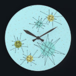 Robin's Egg Blue Atomic Starbursts Wall klok<br><div class="desc">Deze Robin's Egg Blue Iconic Atomic Starbursts Round Acrylic Wall Clock-patroon kenmerkt iconische atomaire sterbursts. Dat klopt! De oude school, robin's eitblauwe achtergrond met gouden spugen, is de perfecte achtergrond voor de levendige turquoise, het kalkselderij en kitschy peren groene cirkels. De vlekken van kleur worden sporadisch geplaatst in diverse grootte...</div>