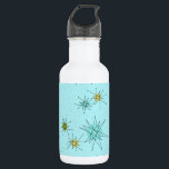 Robin's Egg Blue Atomic Starbursts Water Bottle Waterfles<br><div class="desc">Dit Robin's Egg Blue Iconic Atomic Starbursts Water Bottle-patroon kenmerkt iconische atomaire sterrenbursts. Dat klopt! De oude school, robin's eitblauwe achtergrond met gouden spugen, is de perfecte achtergrond voor de levendige turquoise, het kalkselderij en kitschy peren groene cirkels. De vlekken van kleur worden sporadisch geplaatst in diverse grootte met het...</div>