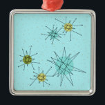 Robin's Egg Blue Atomic Starbursts Xmas Ornament<br><div class="desc">Deze Robin's Egg Blue Iconic Atomic Starbursts kerstornament-patroon kenmerkt iconische atomaire starbursts. Dat klopt! De oude school, robin's eitblauwe achtergrond met gouden spugen, is de perfecte achtergrond voor de levendige turquoise, het kalkselderij en kitschy peren groene cirkels. De vlekken van kleur worden sporadisch geplaatst in diverse grootte met het bekleden...</div>