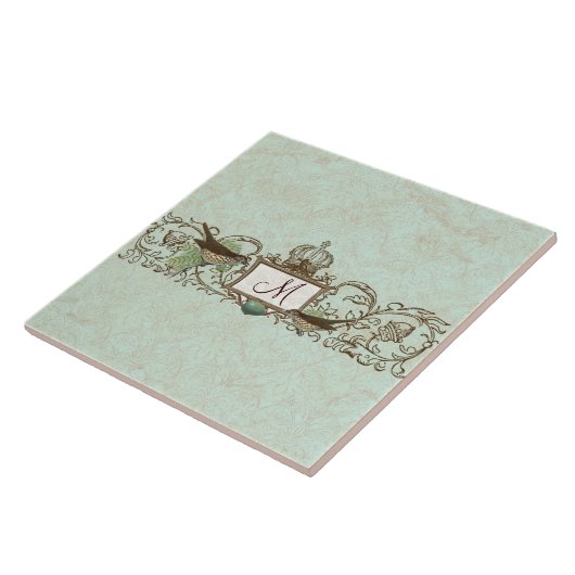  Robins Egg Blue Birds Scroll Monogram Tegeltje (Zijkant)