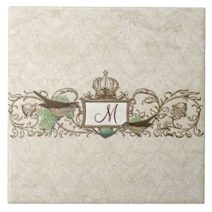 Robins Egg Blue Birds Scroll Monogram Tegeltje