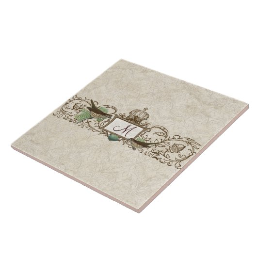 Robins Egg Blue Birds Scroll Monogram Tegeltje (Zijkant)