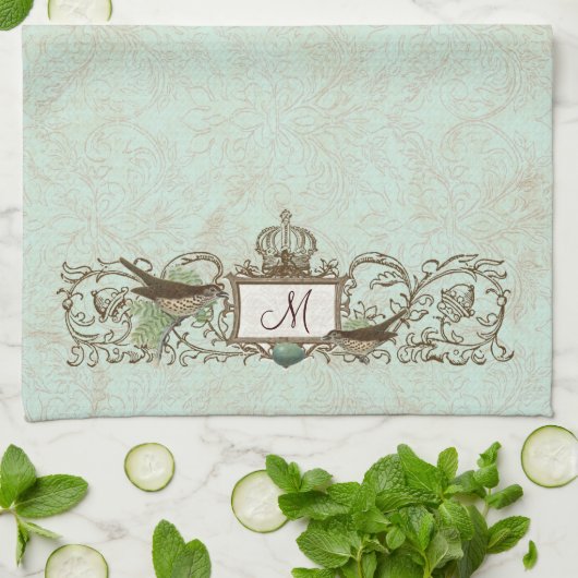  Robins Egg Blue Birds Scroll Monogram Theedoek (Gevouwen)
