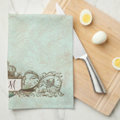 Robins Egg Blue Birds Scroll Monogram Theedoek (Quarter Fold)