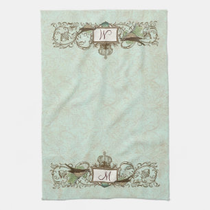  Robins Egg Blue Birds Scroll Monogram Theedoek