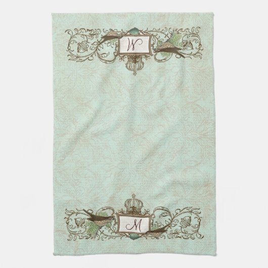 Robins Egg Blue Birds Scroll Monogram Theedoek (Verticaal)