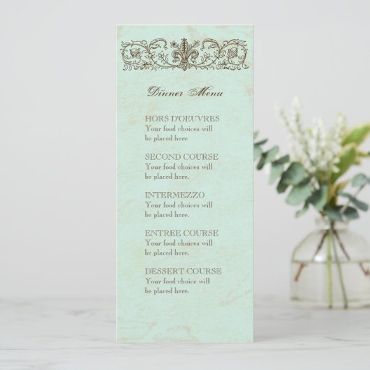 Robins Egg Blue Crown Swirl Flourish Menu (Staand voorkant)