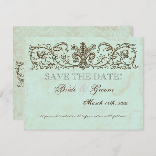 Robins Egg Blue Crown Swirl Flourish Save The Date (Voorkant / Achterkant)