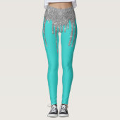 Robin's Egg Blue Cyan Teal Zilveren Glitter Broek Leggings (Voorkant)