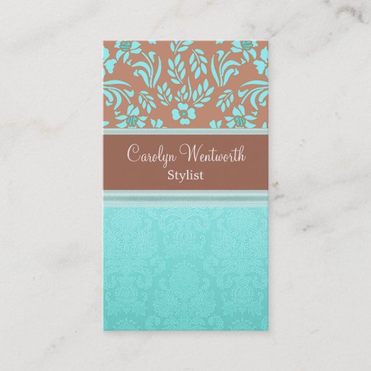 Robins Egg Blue en Brown Damask Visitekaartje (Voorkant)