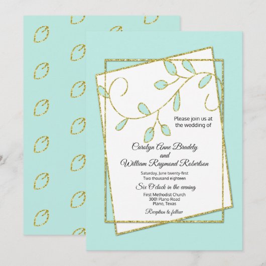 Robins Egg Blue en Gold Leaves Wedding Invitation Kaart (Voorkant / Achterkant)