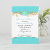 Robins Egg Blue en Gold Quinceañera Invitation Kaart (Staand voorkant)