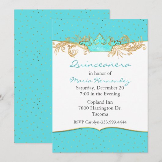 Robins Egg Blue en Gold Quinceañera Invitation Kaart (Voorkant / Achterkant)