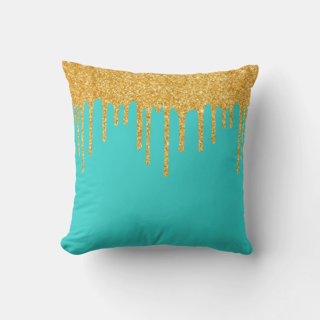 Robin's Egg Blue Gouden Glitter Druppels Worp Kuss Kussen (Voorkant)