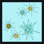Robin's Egg Blue Iconic Atomic Starbursts Poster<br><div class="desc">Dit Robin's Egg Blue Iconic Atomic Starbursts Poster patroon kenmerkt iconische atomaire sterrenbursts. Dat klopt! De oude school, robin's eitblauwe achtergrond met gouden spugen, is de perfecte achtergrond voor de levendige turquoise, het kalkselderij en kitschy peren groene cirkels. De vlekken van kleur worden sporadisch geplaatst in diverse grootte met het...</div>