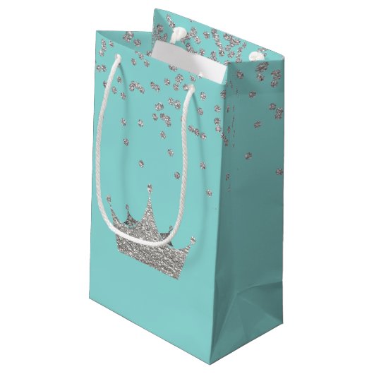 Robins Egg Blue met Silver Crown Small Gift Bag Klein Cadeauzakje (Achterkant Gekanteld)