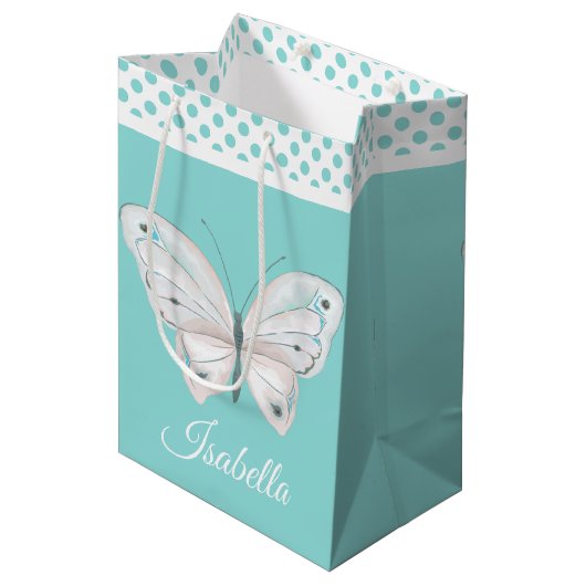 Robins Egg Blue met White Butterfly Gift Bag Medium Cadeauzakje (Voorkant Gekanteld)