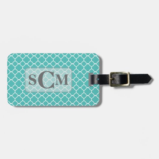 Robin's Egg Blue Quatrefoil Monogram Bagagelabel (Voorkant horizontaal)