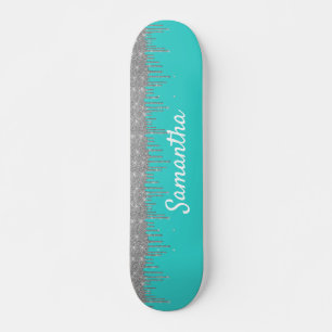 Robin's Egg Blue Silver Glitter Drips Persoonlijk Skateboard