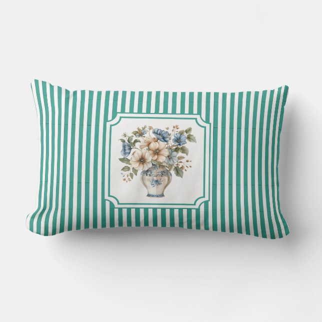 Robin's Egg Teal Vintage Botanische Streep Kussen (Voorkant)